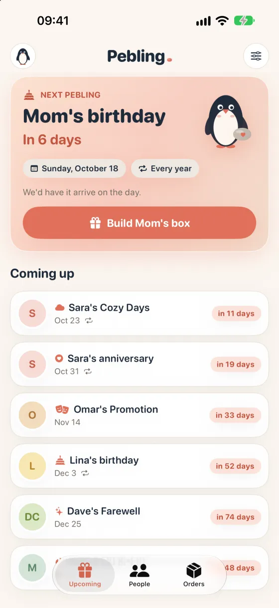 Pebling home screen showing upcoming occasions
