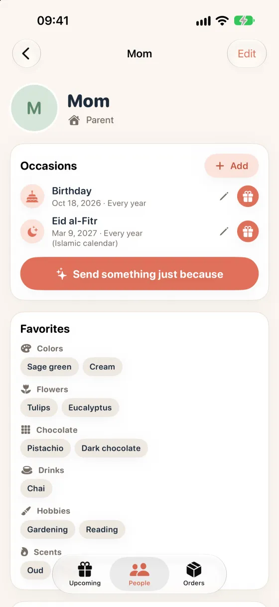 A person's profile in Pebling with their favorite things