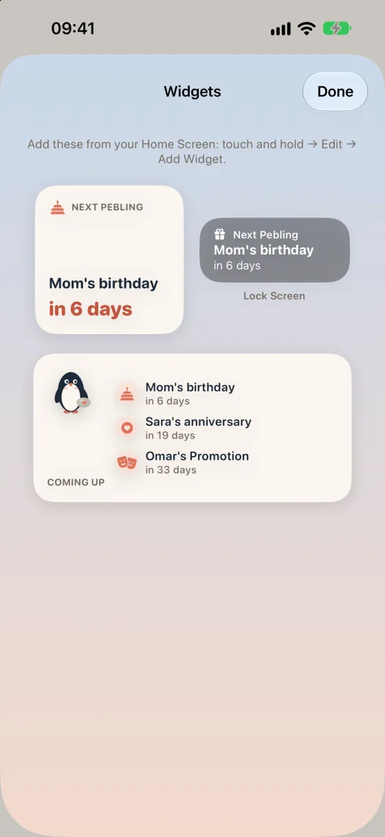 Pebling widgets on the Home Screen and Lock Screen: Mom's birthday in 6 days